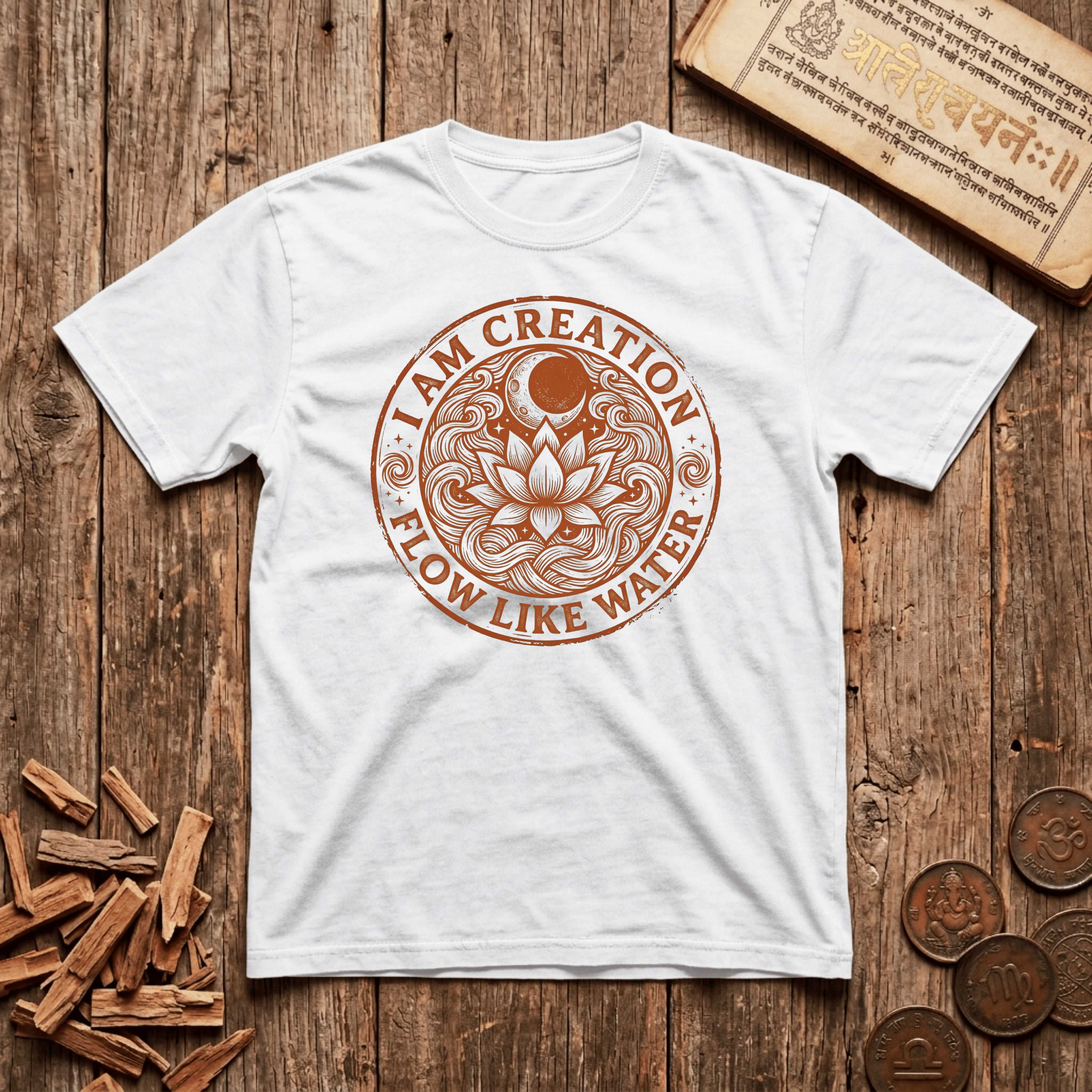 Sacral Chakra — Svadhisthana - I am Creation - Flow Like Water - Wood Cut - T-Shirt