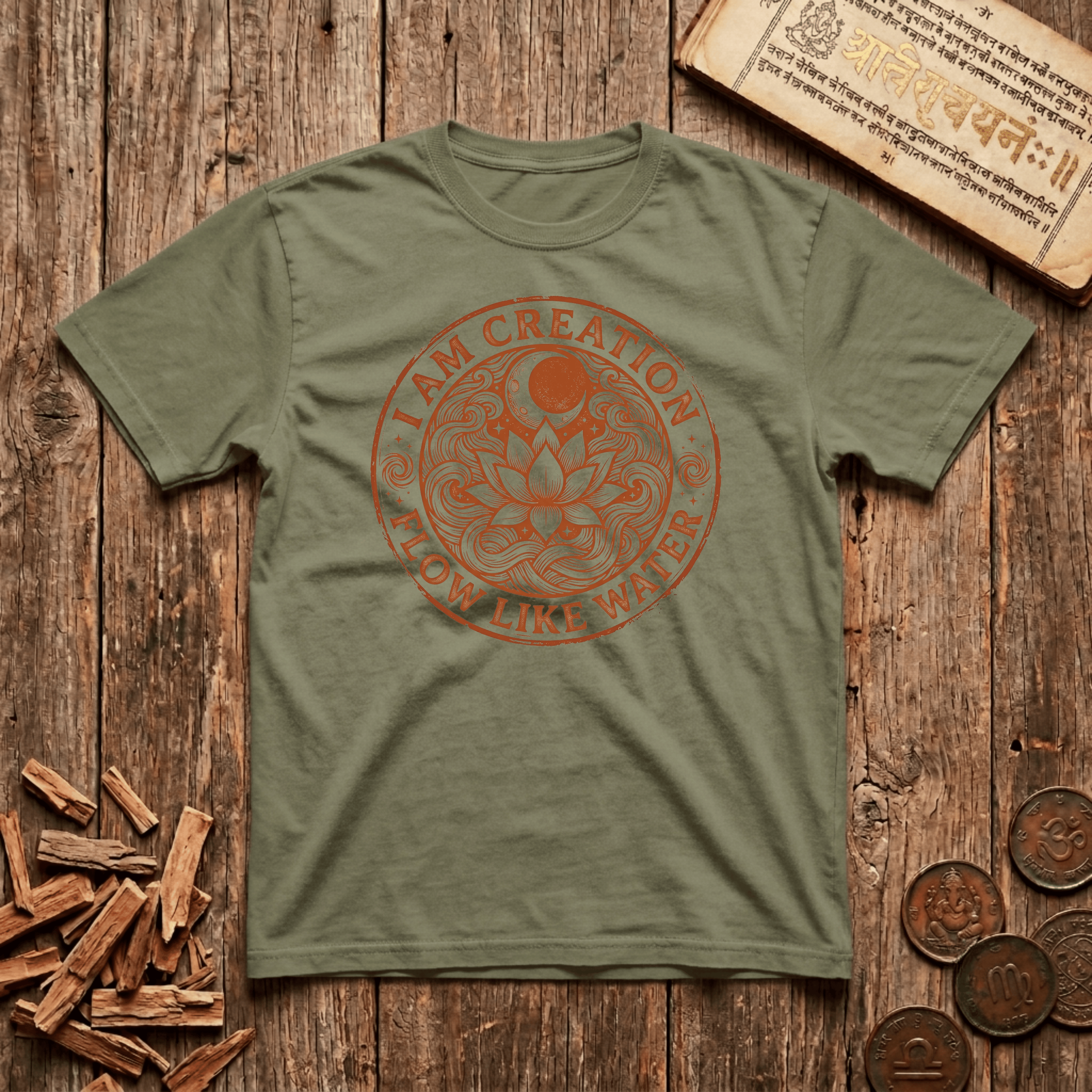 Sacral Chakra — Svadhisthana - I am Creation - Flow Like Water - Wood Cut - T-Shirt