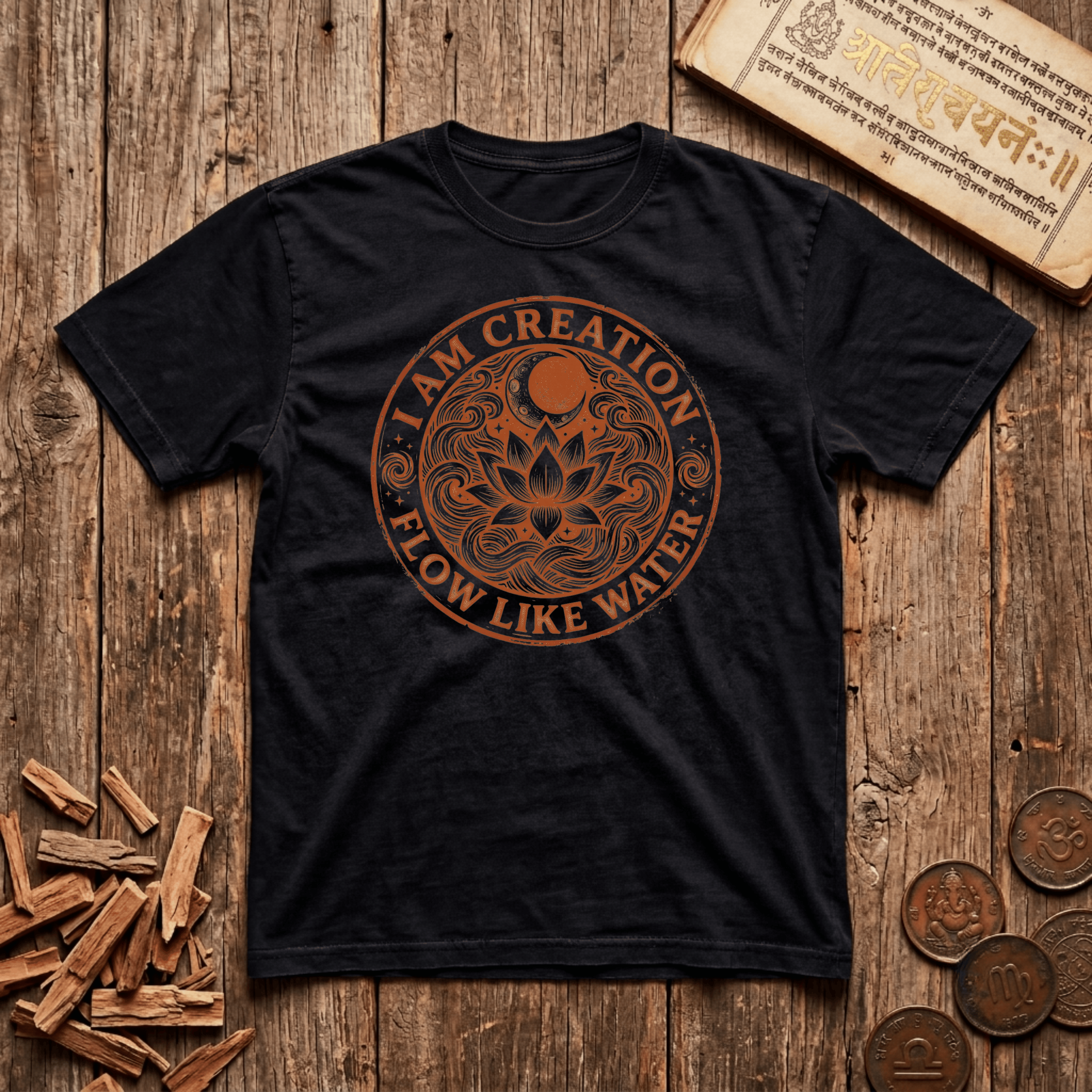 Sacral Chakra — Svadhisthana - I am Creation - Flow Like Water - Wood Cut - T-Shirt