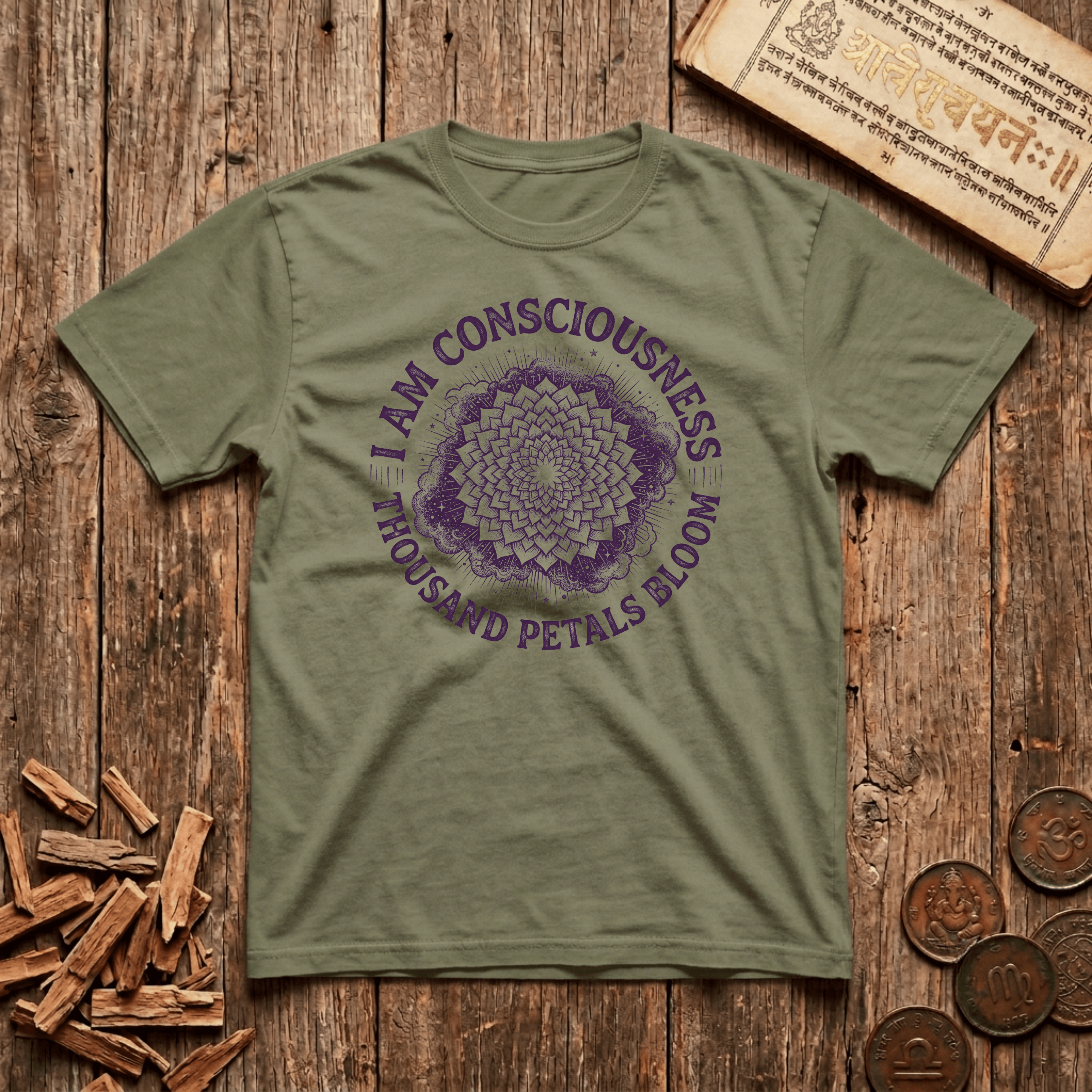 Crown Chakra — Sahasrara - I Am Consciousness - Thousand Petals Bloom - Wood Cut - T-Shirt