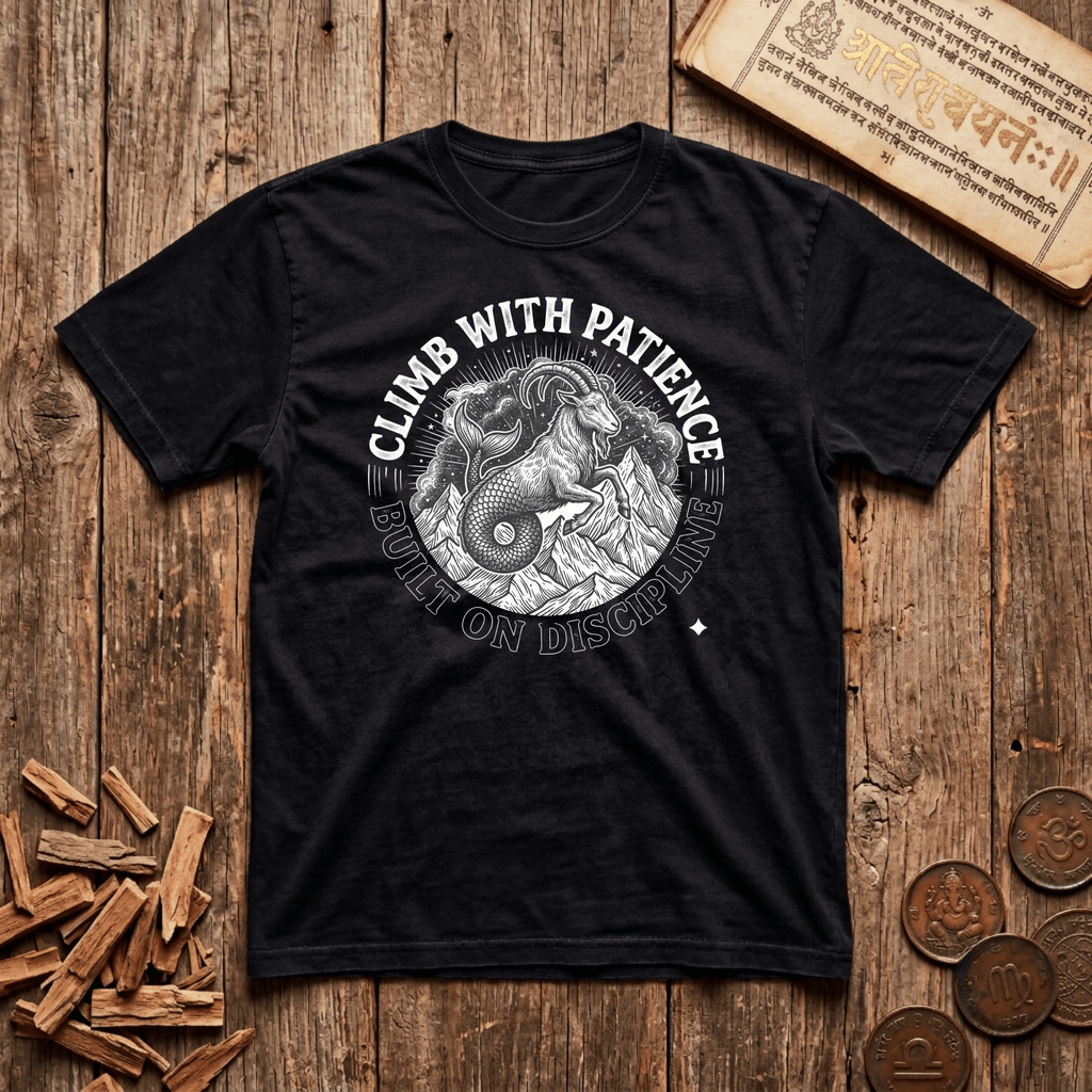 Capricorn — The Sea-Goat - Climb With Patience - Wood Cut - T-Shirt