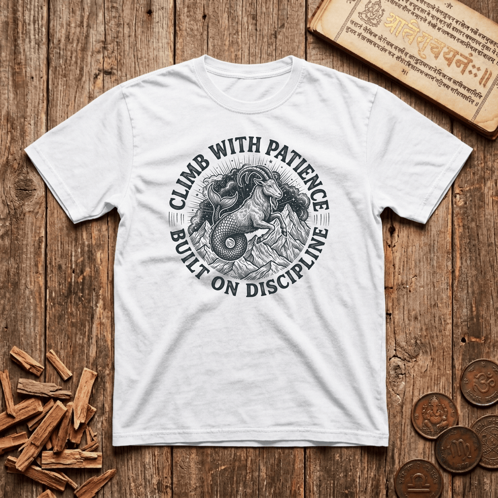 Capricorn — The Sea-Goat - Climb With Patience - Wood Cut - T-Shirt
