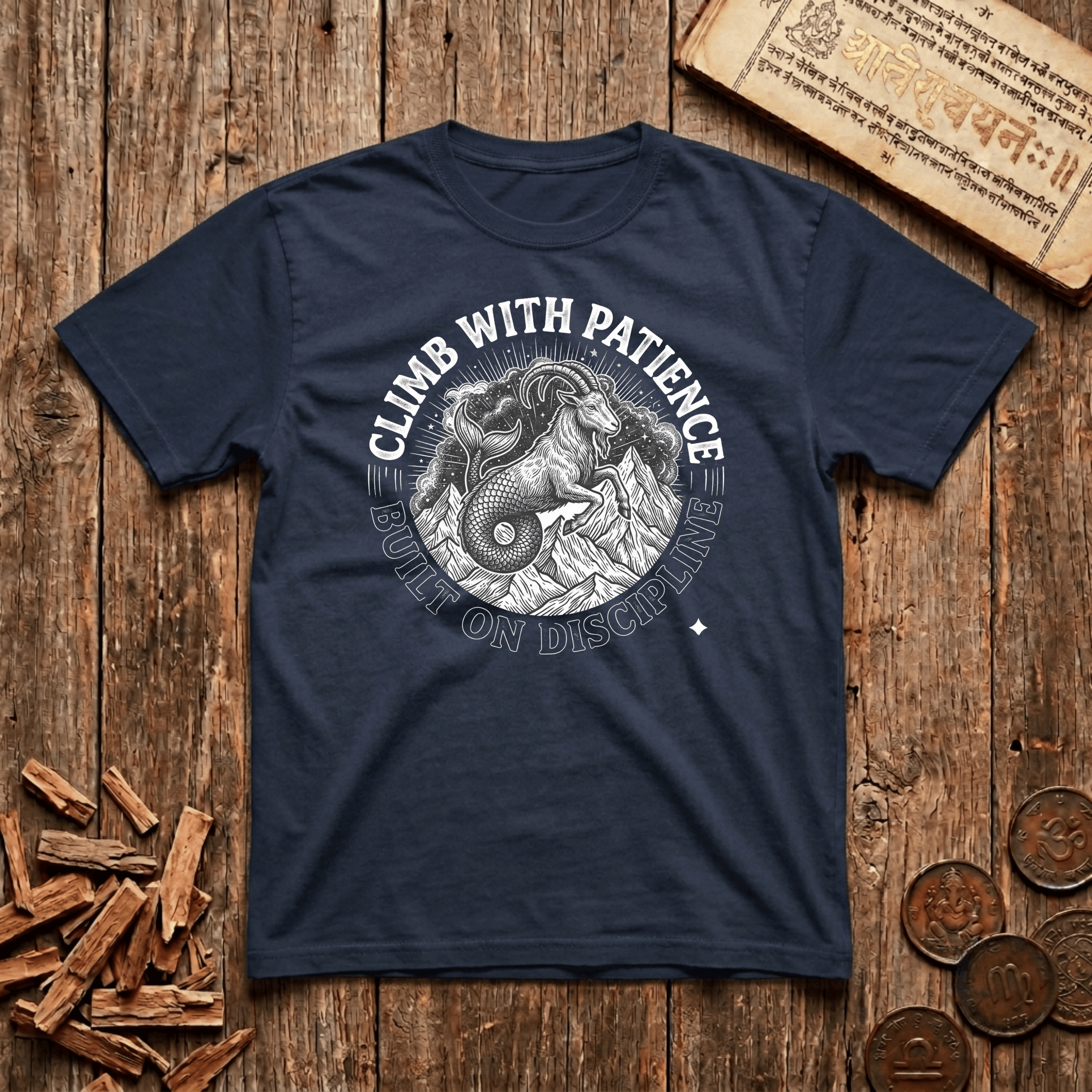 Capricorn — The Sea-Goat - Climb With Patience - Wood Cut - T-Shirt
