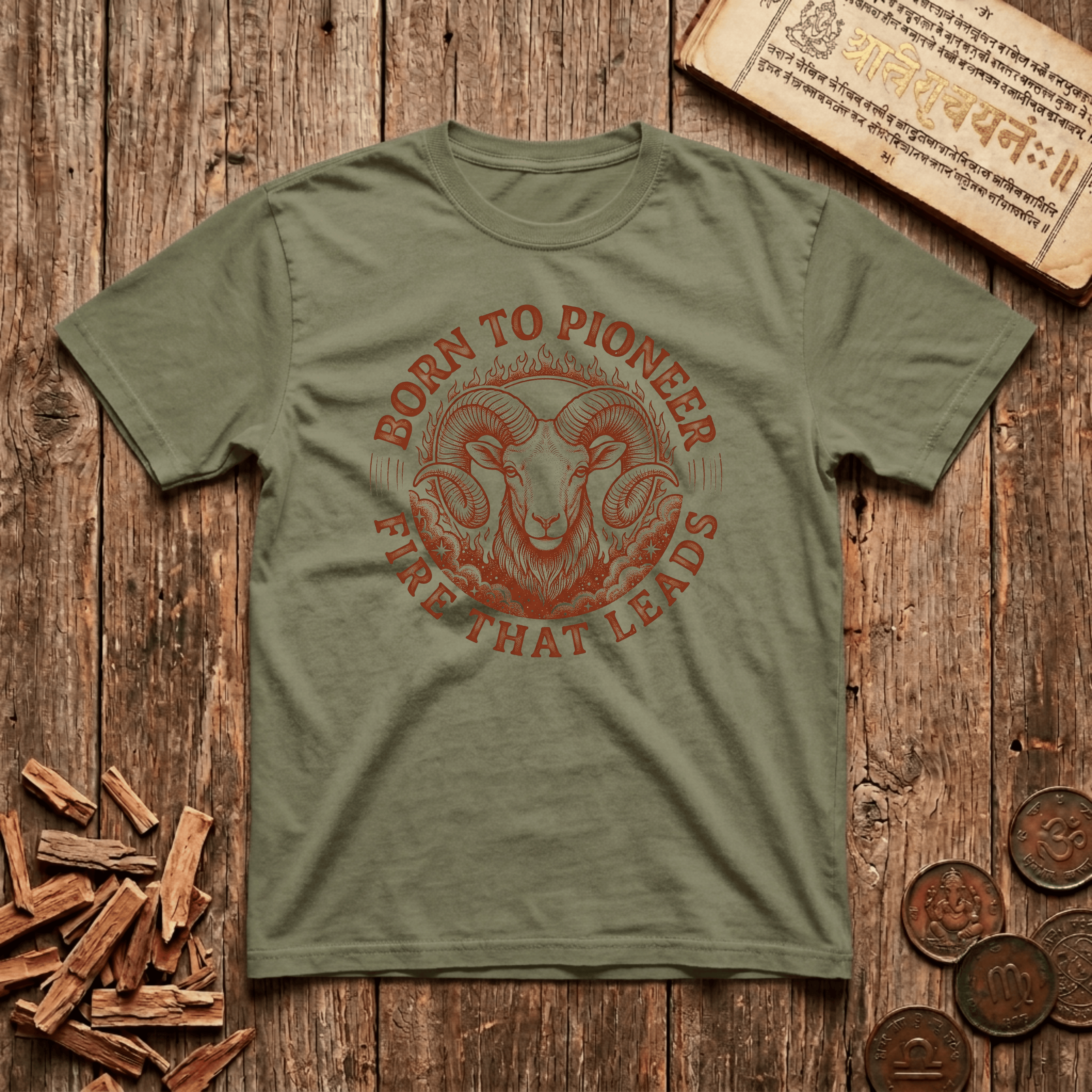 Aries — The Ram - Born To Pioneer - Wood Cut - T-Shirt