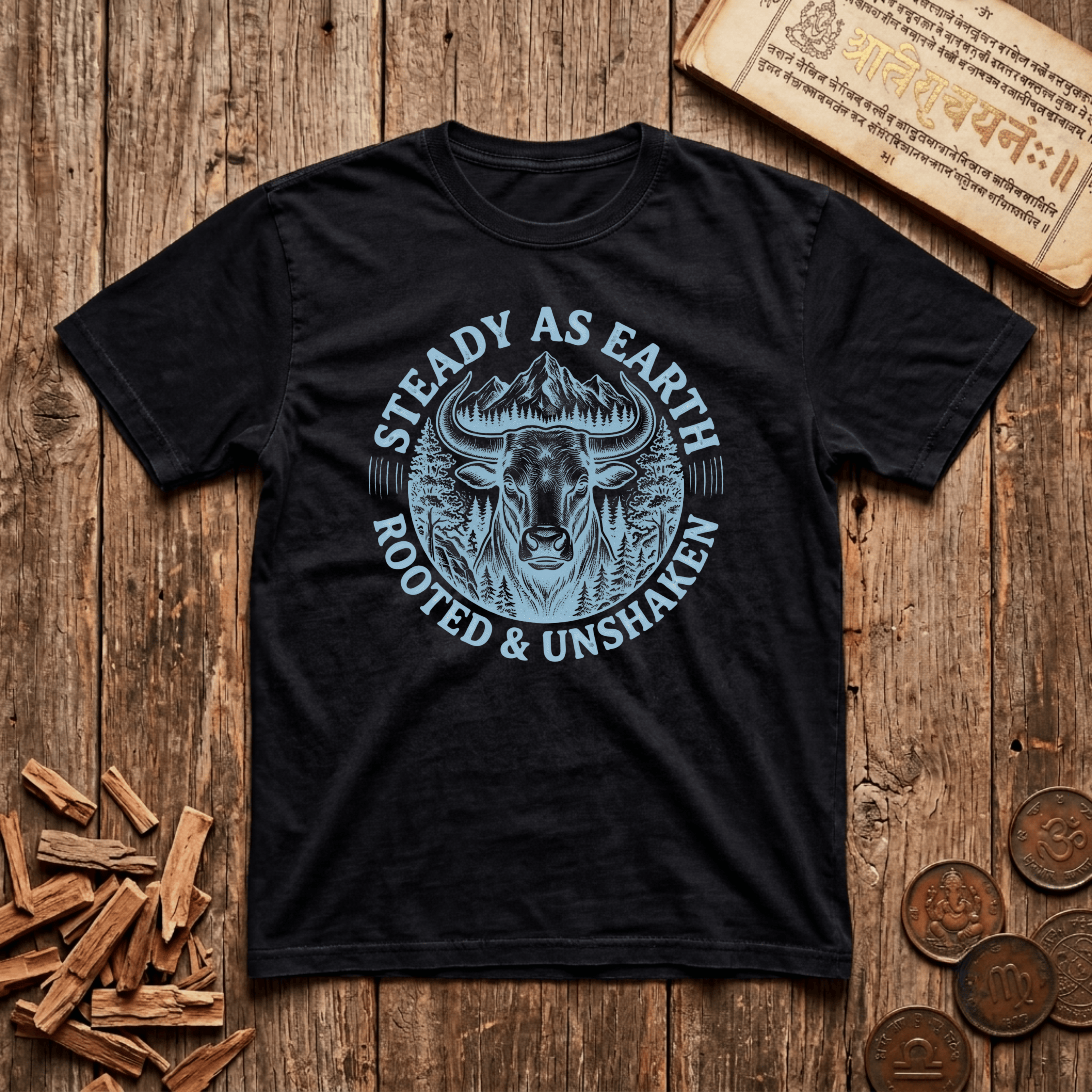 Taurus — The Bull - Steady As Earth - Wood Cut - T-Shirt