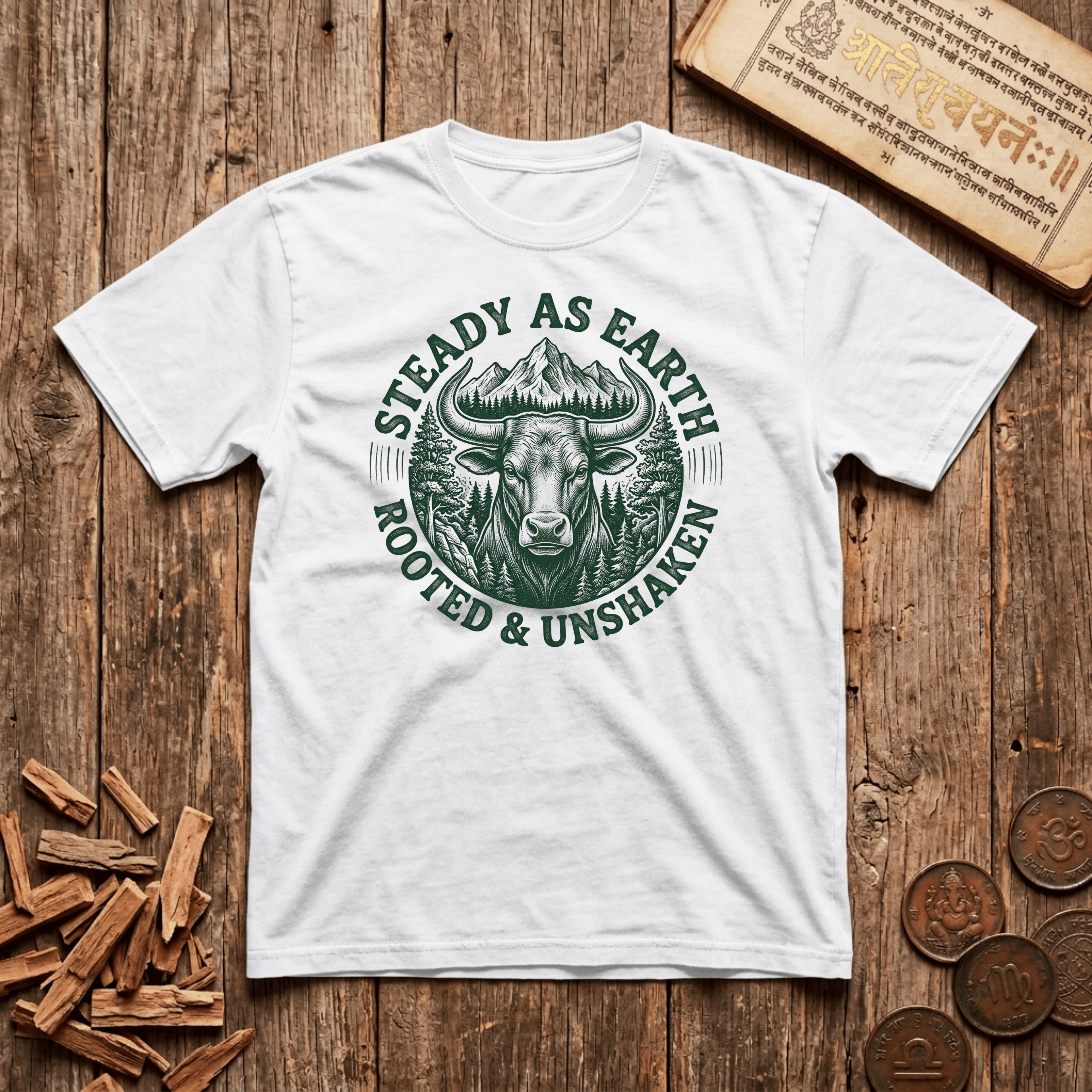 Taurus — The Bull - Steady As Earth - Wood Cut - T-Shirt