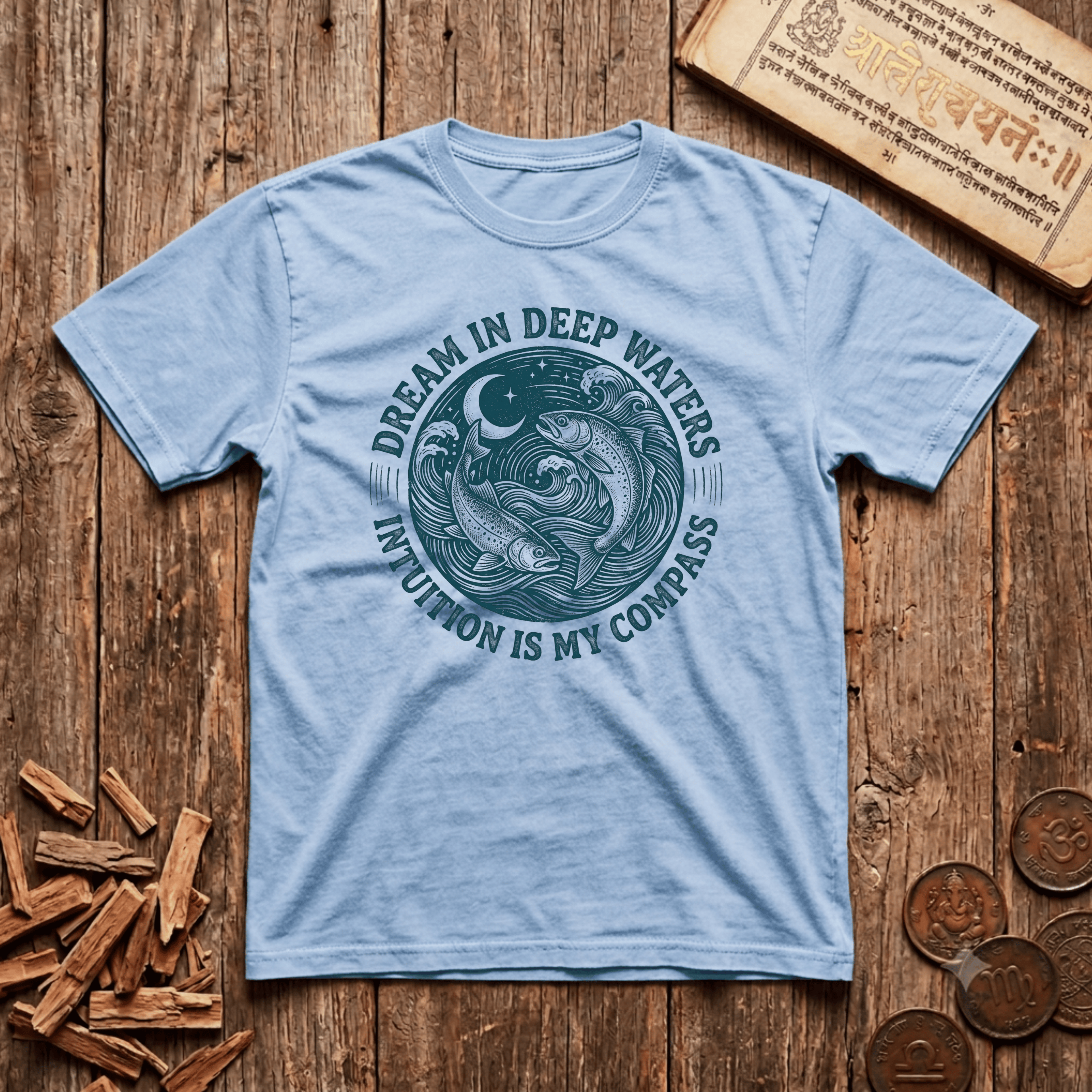 Pisces — The Twin Fish - Dream In Deep Waters - Wood Cut - T-Shirt