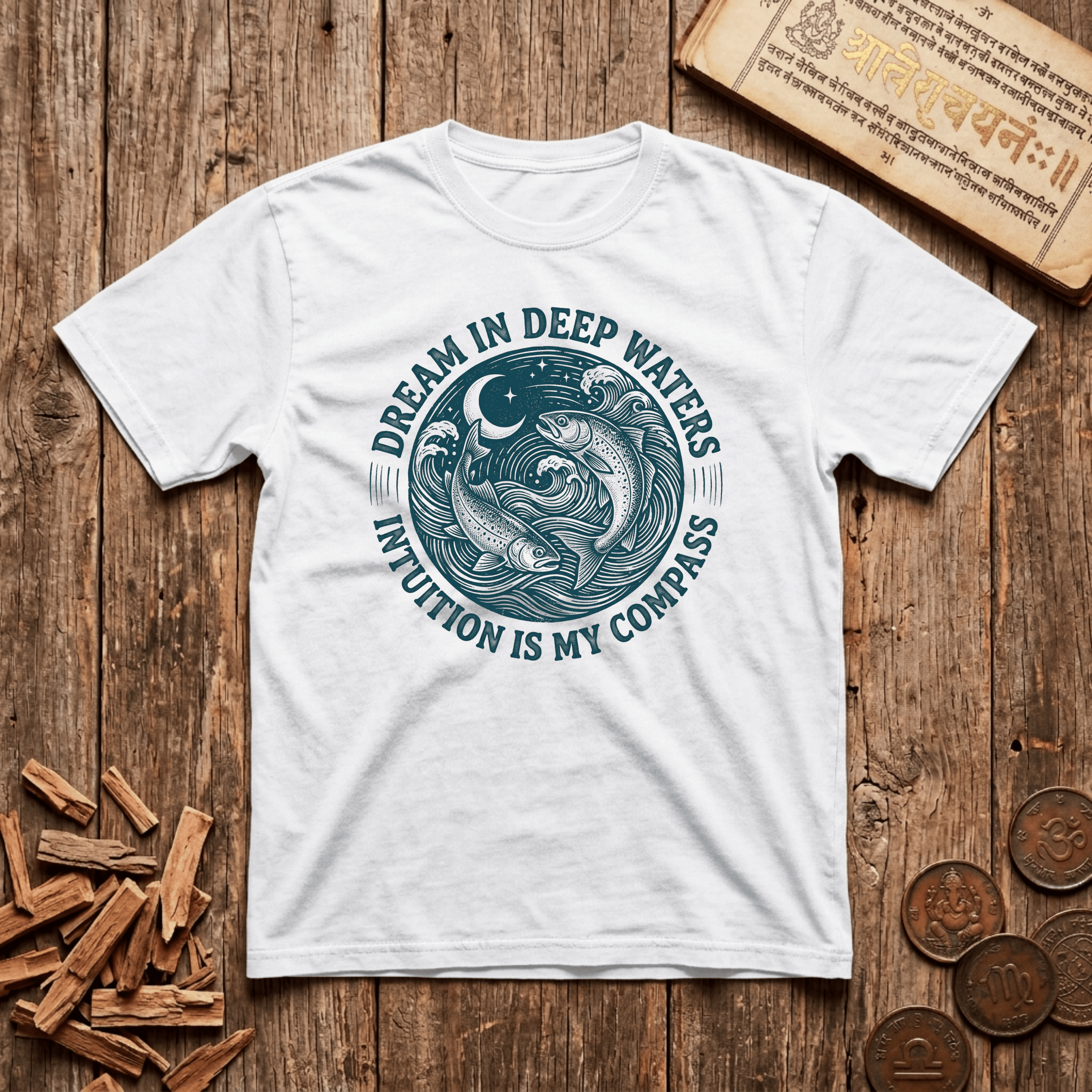 Pisces — The Twin Fish - Dream In Deep Waters - Wood Cut - T-Shirt
