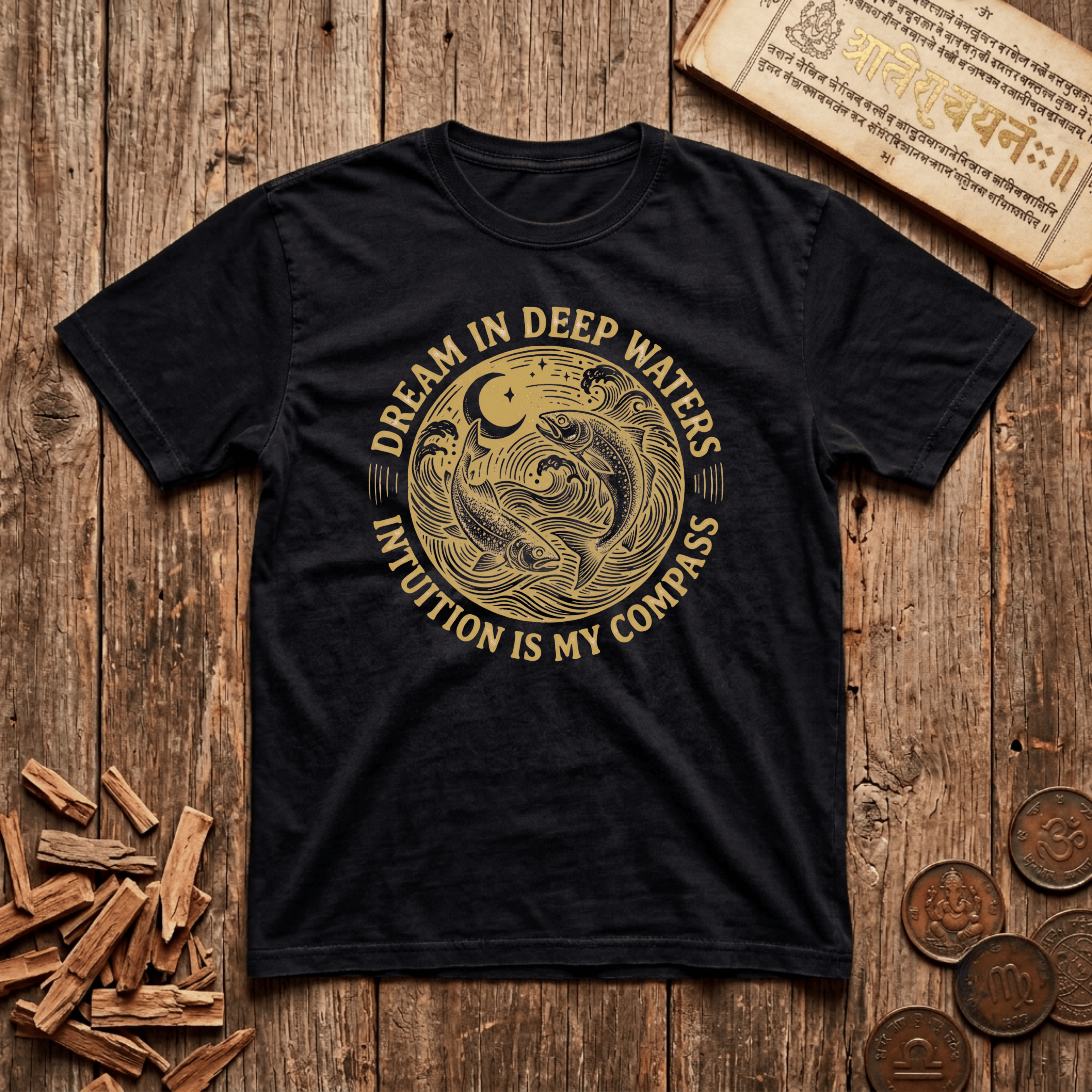 Pisces — The Twin Fish - Dream In Deep Waters - Wood Cut - T-Shirt