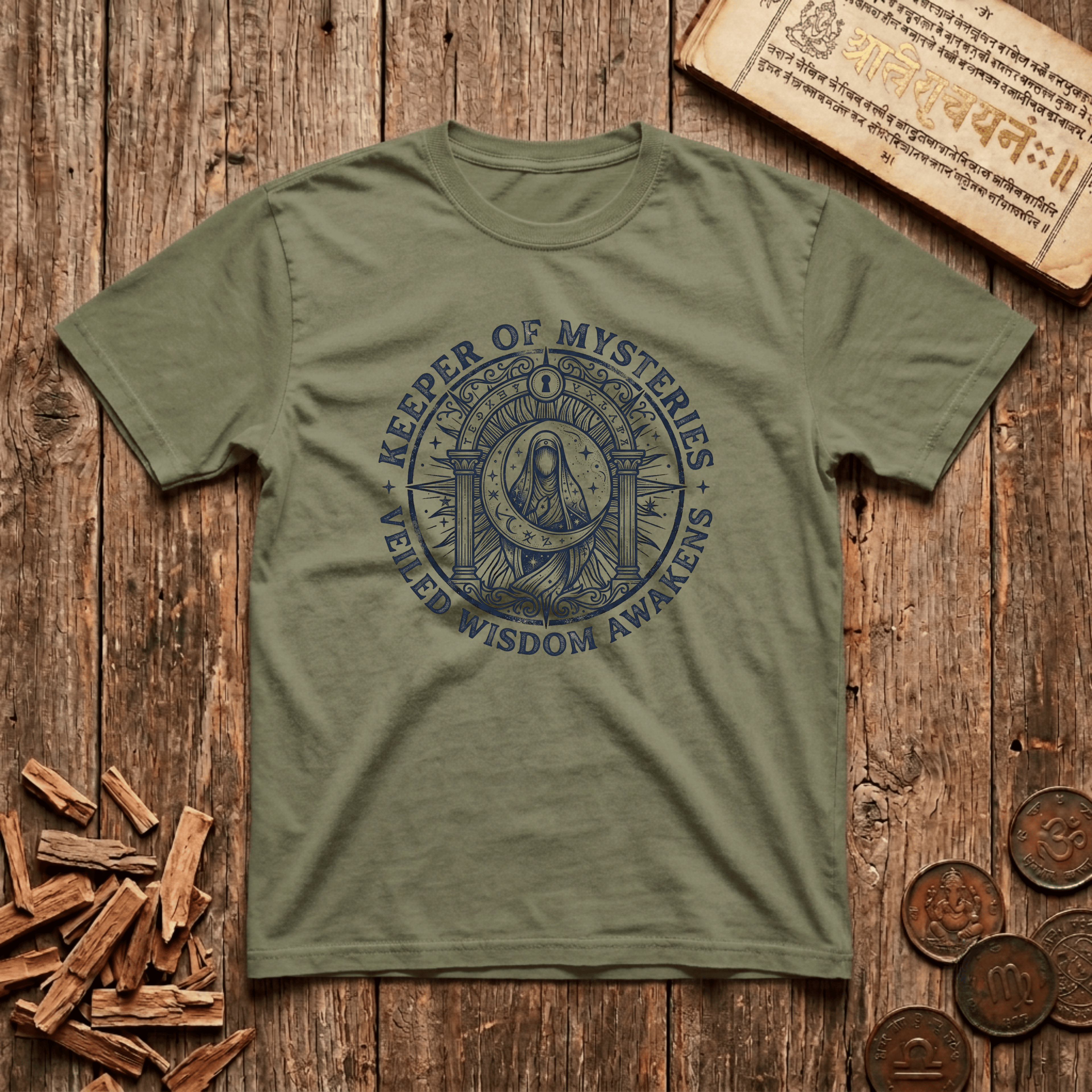 High Priestess of Sacred Geometry - Keeper of Mysteries - Wood Cut - T-Shirt