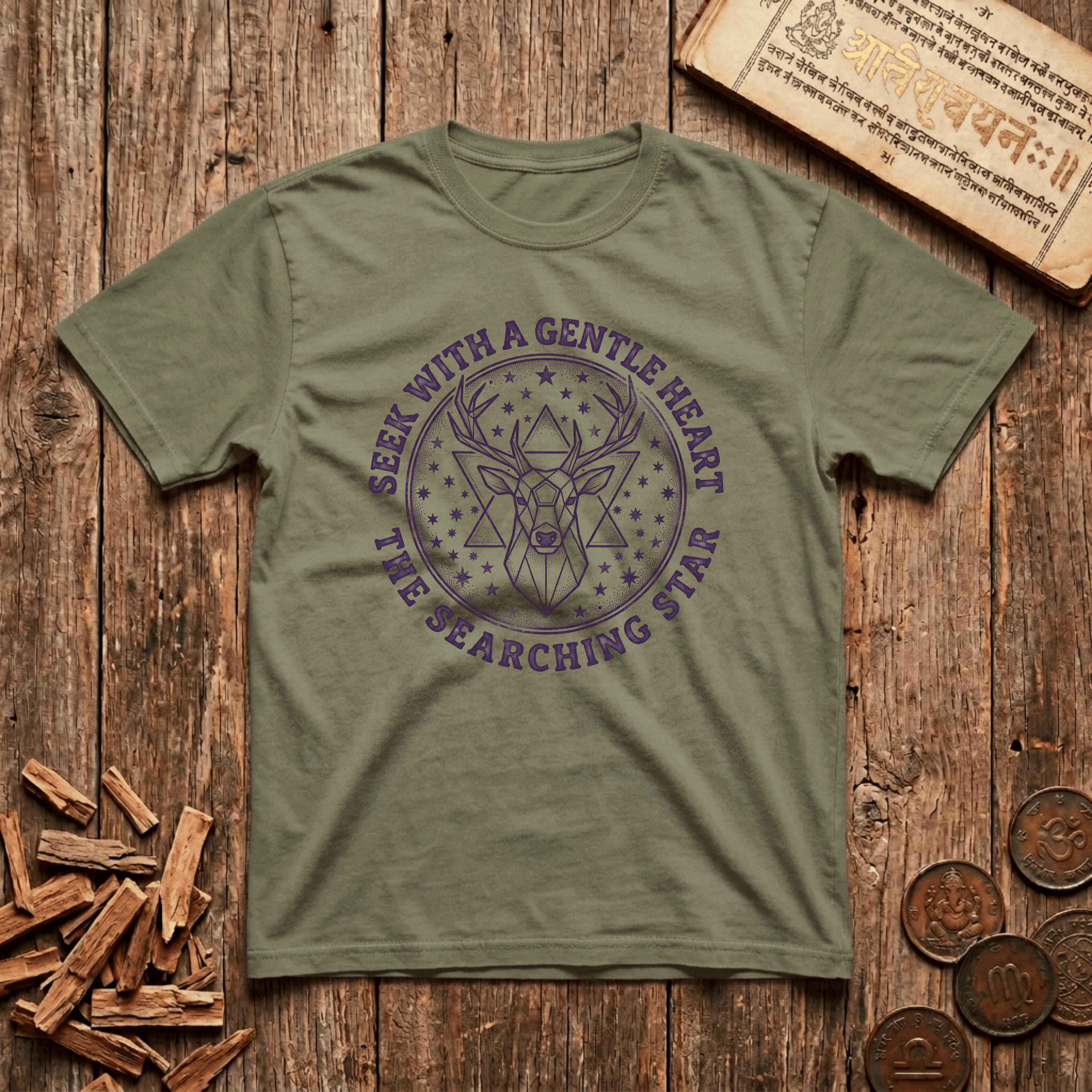 Mrigashira - Seek With A Gentle Heart - Wood Cut - T-Shirt