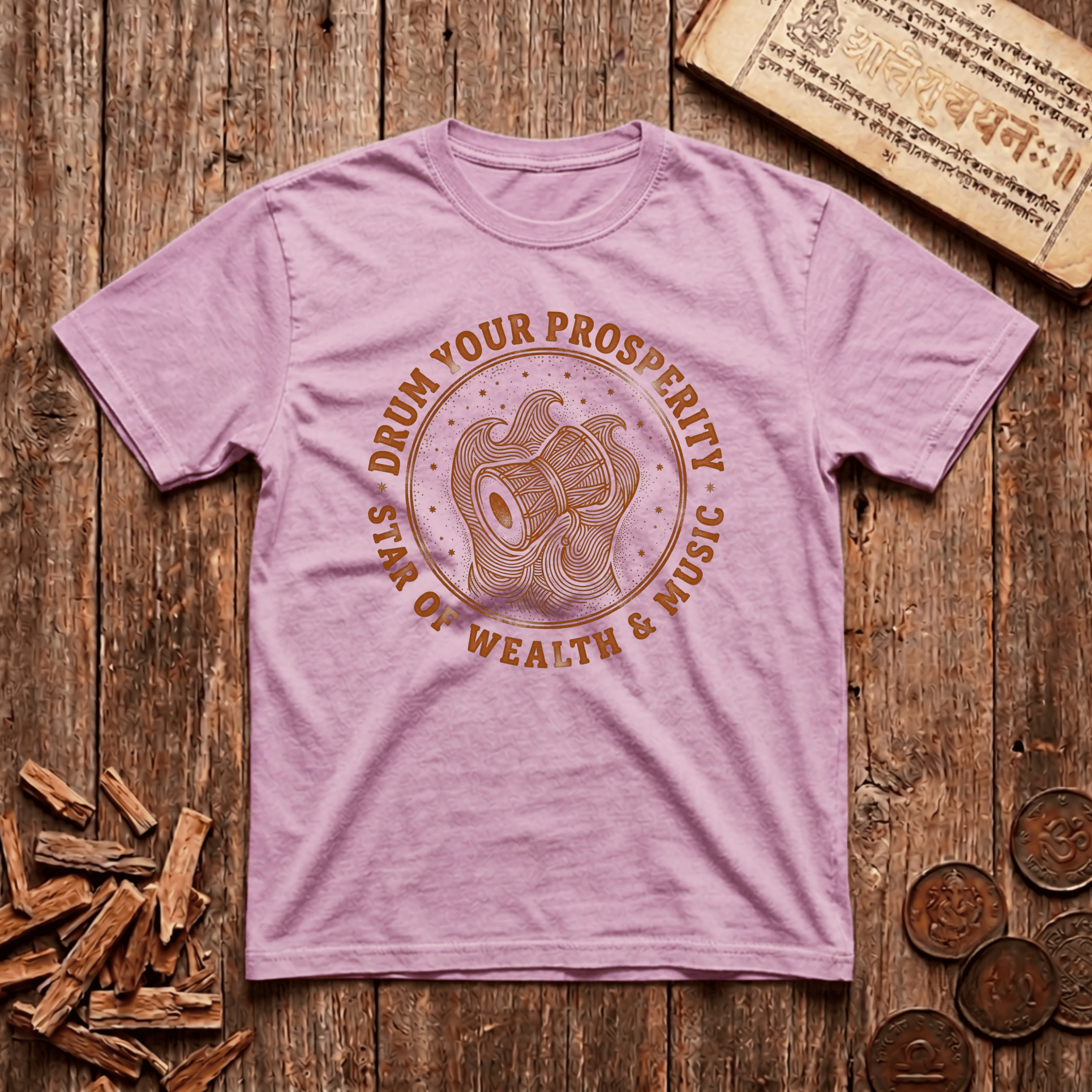 Dhanishta - Drum Your Prosperity - Star of Wealth & Music - Wood Cut - T-Shirt