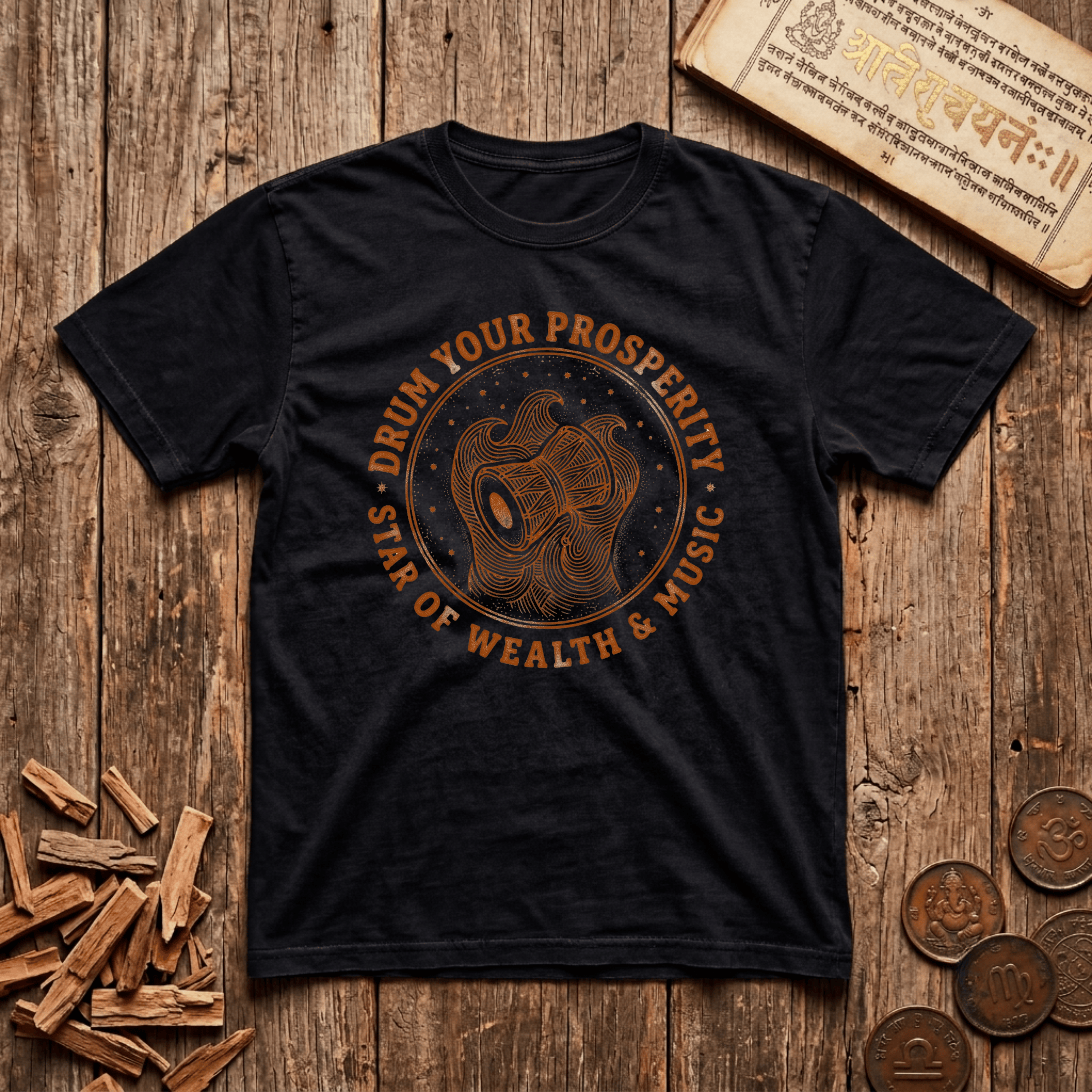 Dhanishta - Drum Your Prosperity - Star of Wealth & Music - Wood Cut - T-Shirt