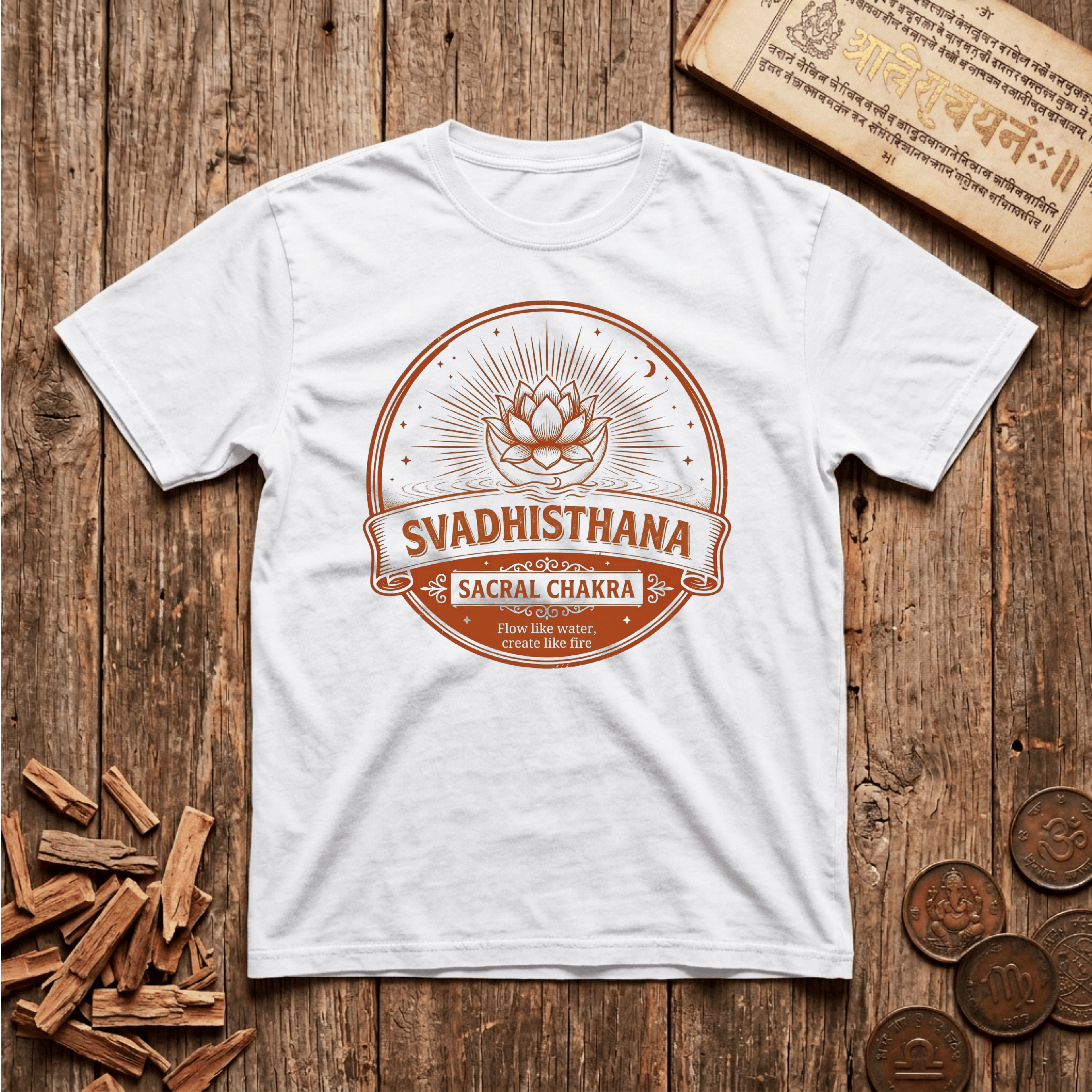 Sacral Chakra — Svadhisthana - Flow Like Water, Create Like Fire - Retro Emblem - T-Shirt