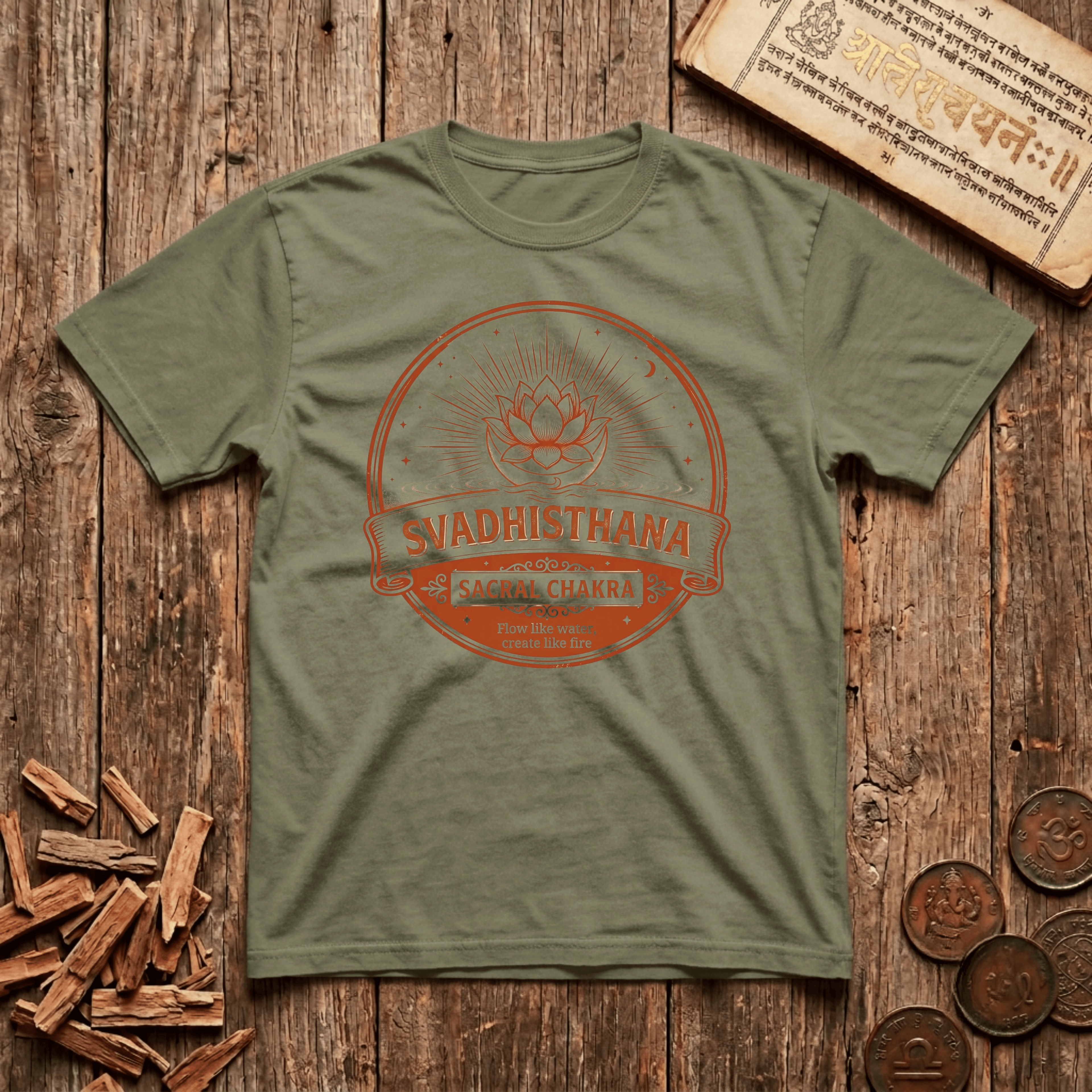Sacral Chakra — Svadhisthana - Flow Like Water, Create Like Fire - Retro Emblem - T-Shirt
