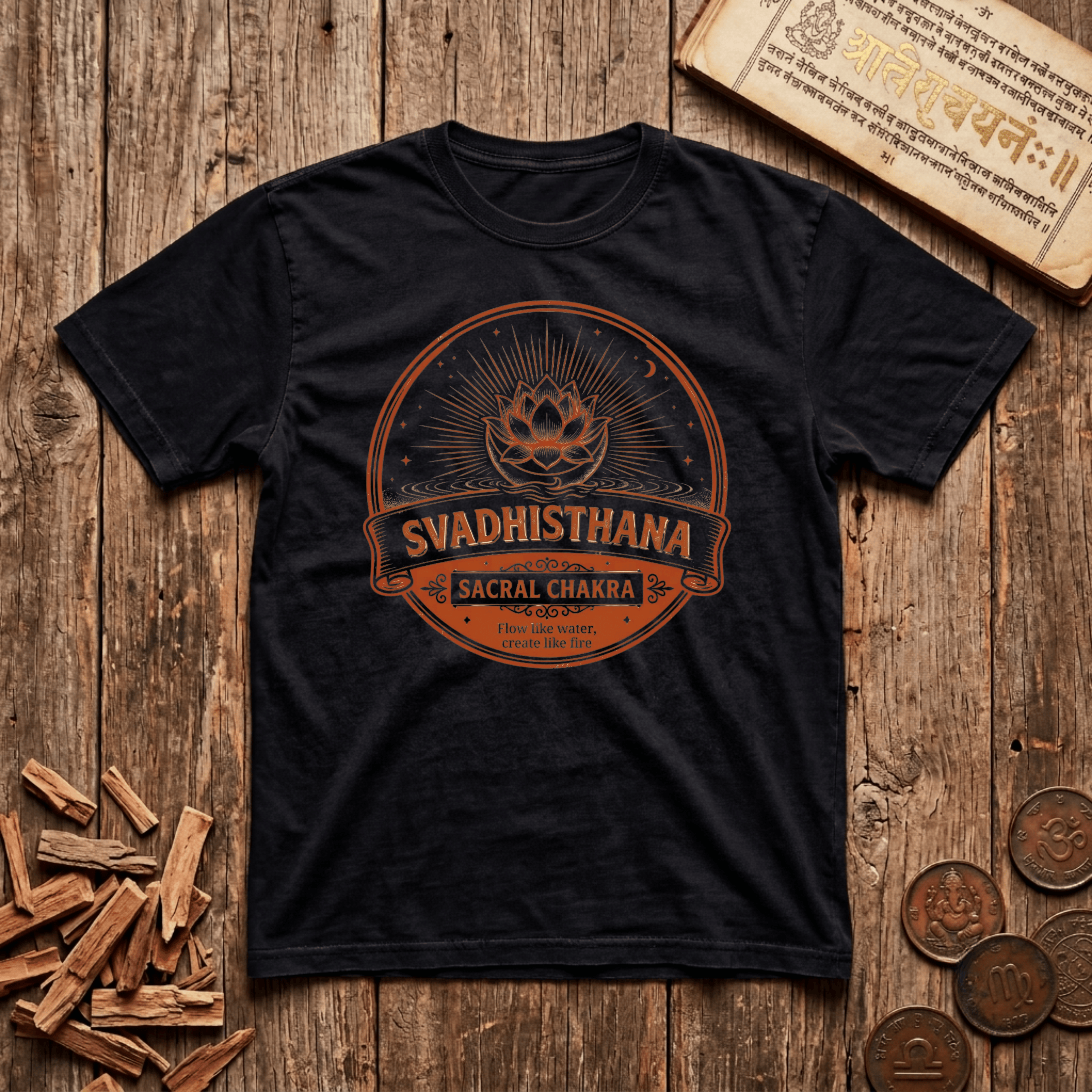 Sacral Chakra — Svadhisthana - Flow Like Water, Create Like Fire - Retro Emblem - T-Shirt