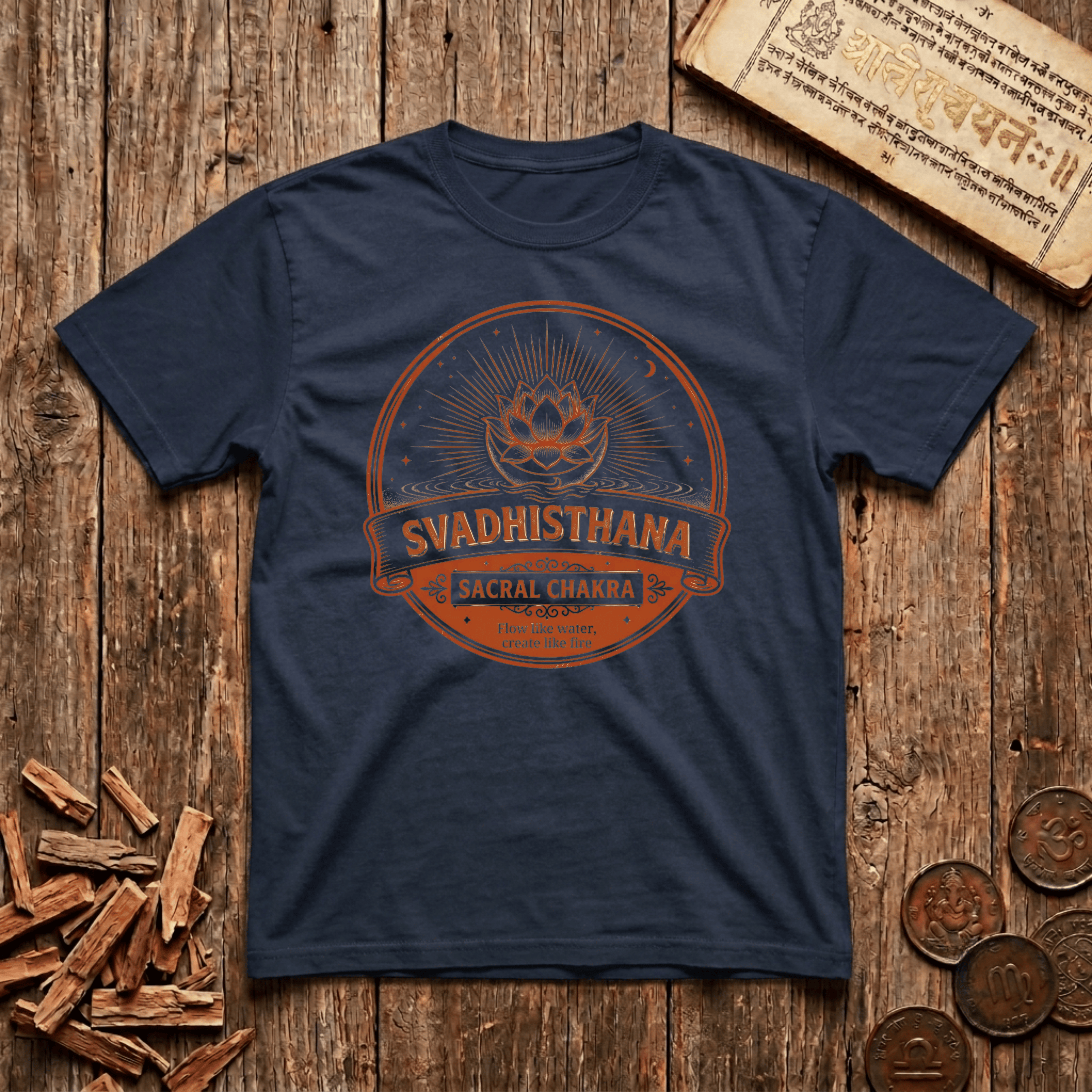 Sacral Chakra — Svadhisthana - Flow Like Water, Create Like Fire - Retro Emblem - T-Shirt