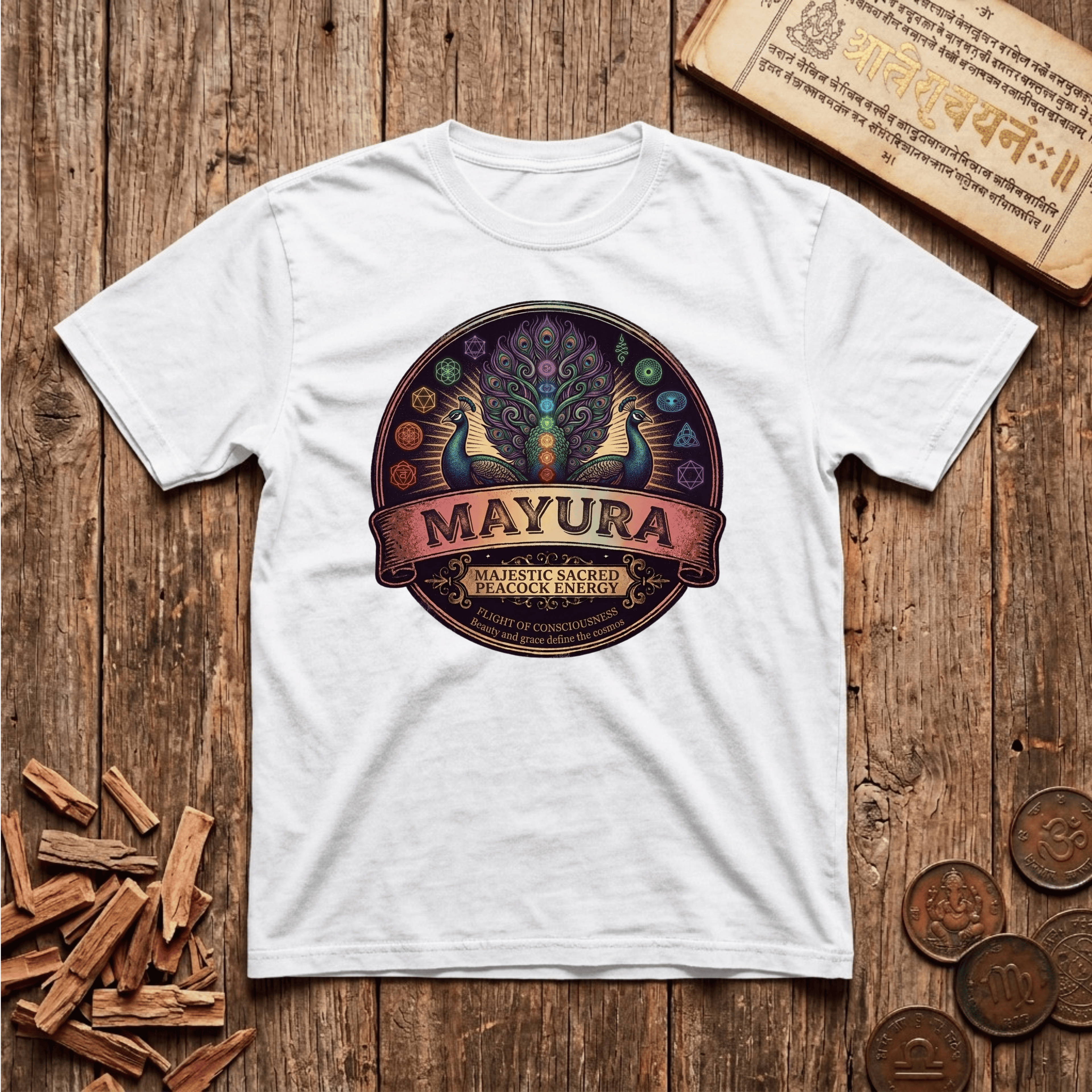 Mayura — The Sacred Peacock - Retro Emblem - T-Shirt