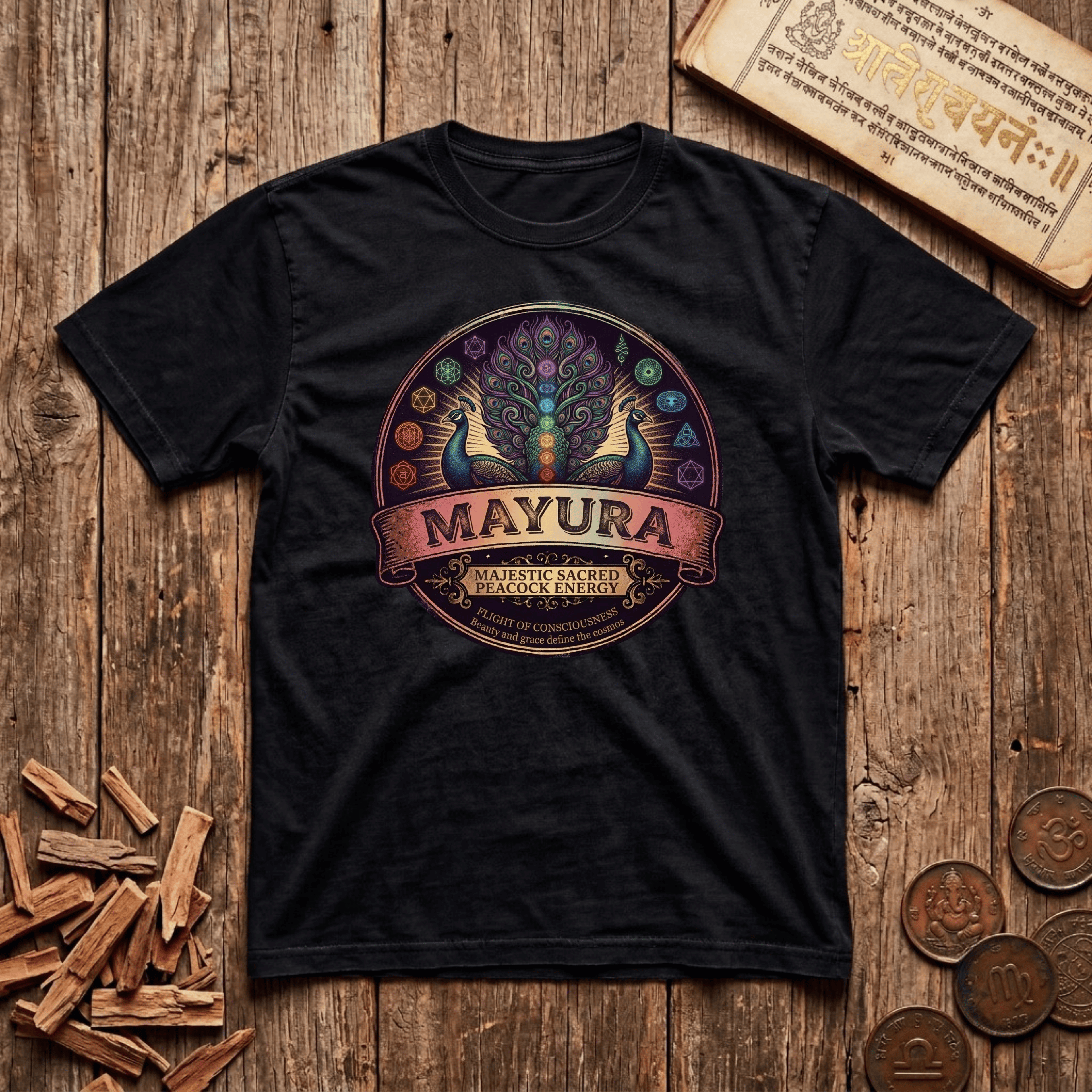 Mayura — The Sacred Peacock - Retro Emblem - T-Shirt
