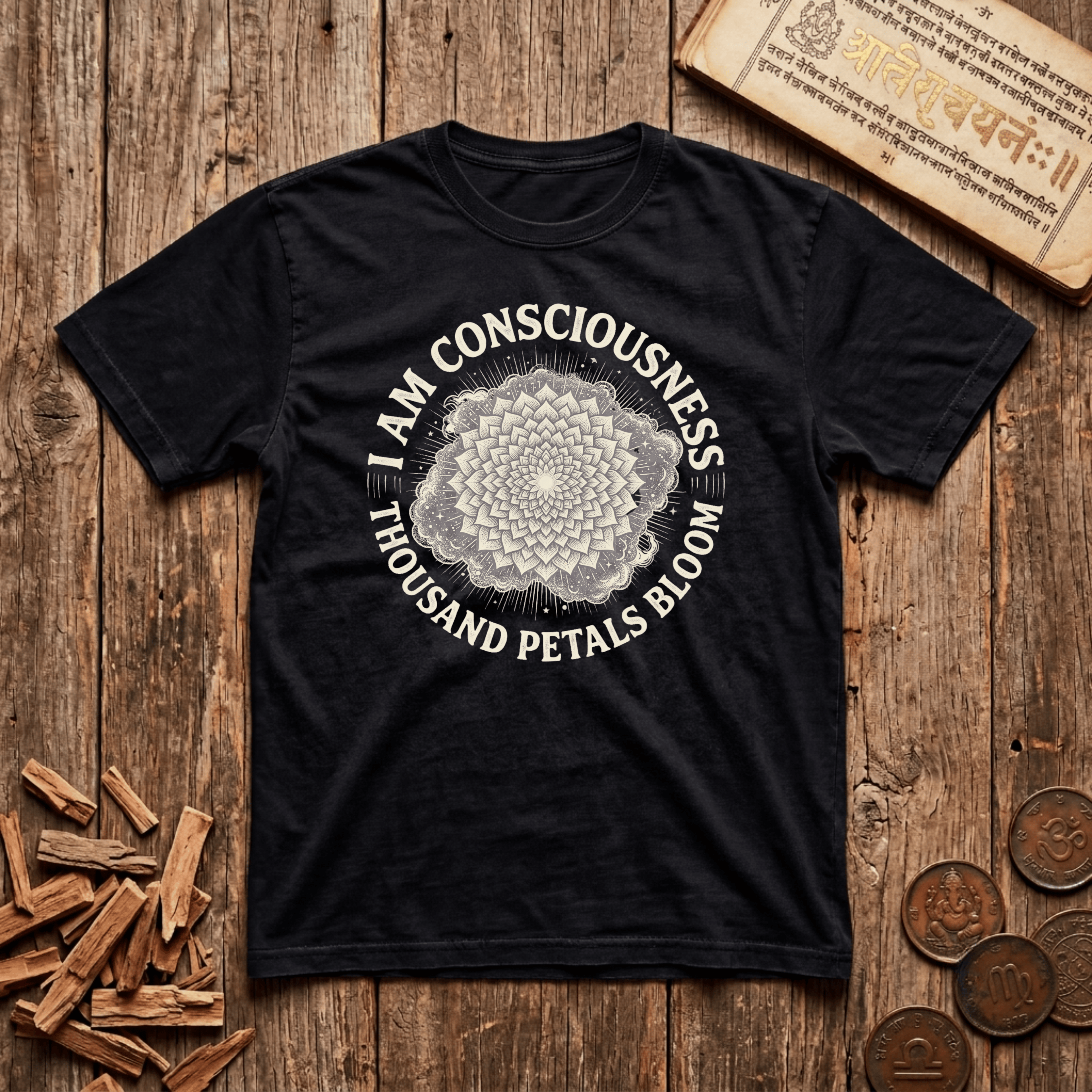 Crown Chakra — Sahasrara - I Am Consciousness - Thousand Petals Bloom - Wood Cut - T-Shirt